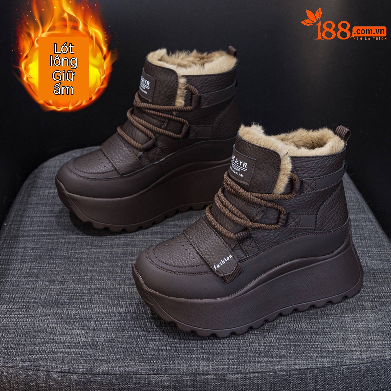Giày sneaker nữ đế dày tăng chiều cao cổ cao lót lông mùa đông phong cách thể thao đa năng — 5012-1 lông nâu, 5012 lót trắng, 5012-1 lông trắng, 5012 lót nâu