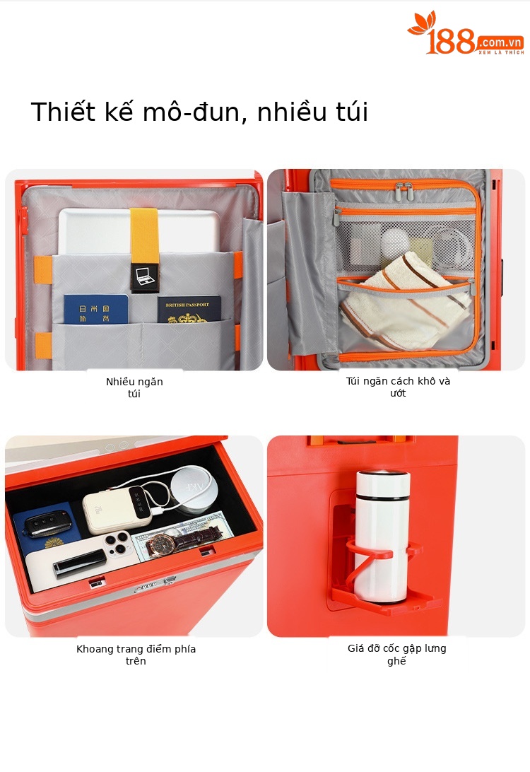 Vali trang điểm có gương, nắp mở bên hông, ngăn sâu lớn, tích hợp đèn LED điều chỉnh độ sáng, giá đỡ USB và giá đỡ điện thoại — Đêm cực đen + tay cầm đen + bánh xe đen chi tiết 11