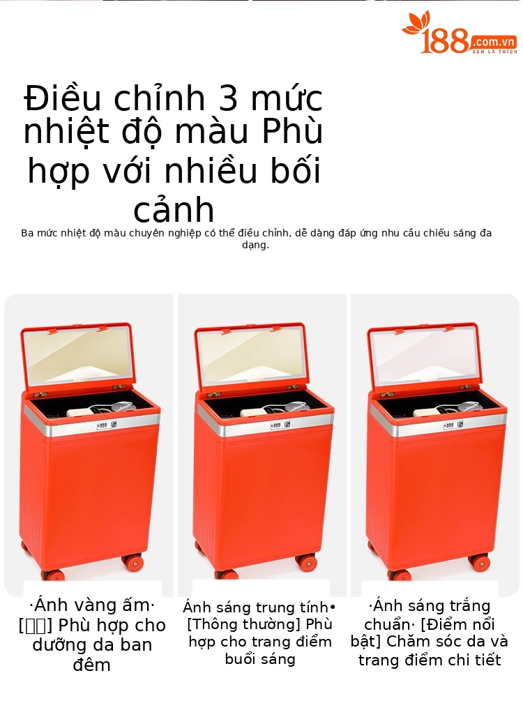 Vali kéo trang điểm đa năng sang trọng có gương mỹ phẩm điều chỉnh độ sáng, ngăn sâu lớn, cổng sạc USB — Đêm cực đen + tay cầm đen + bánh xe đen chi tiết 9