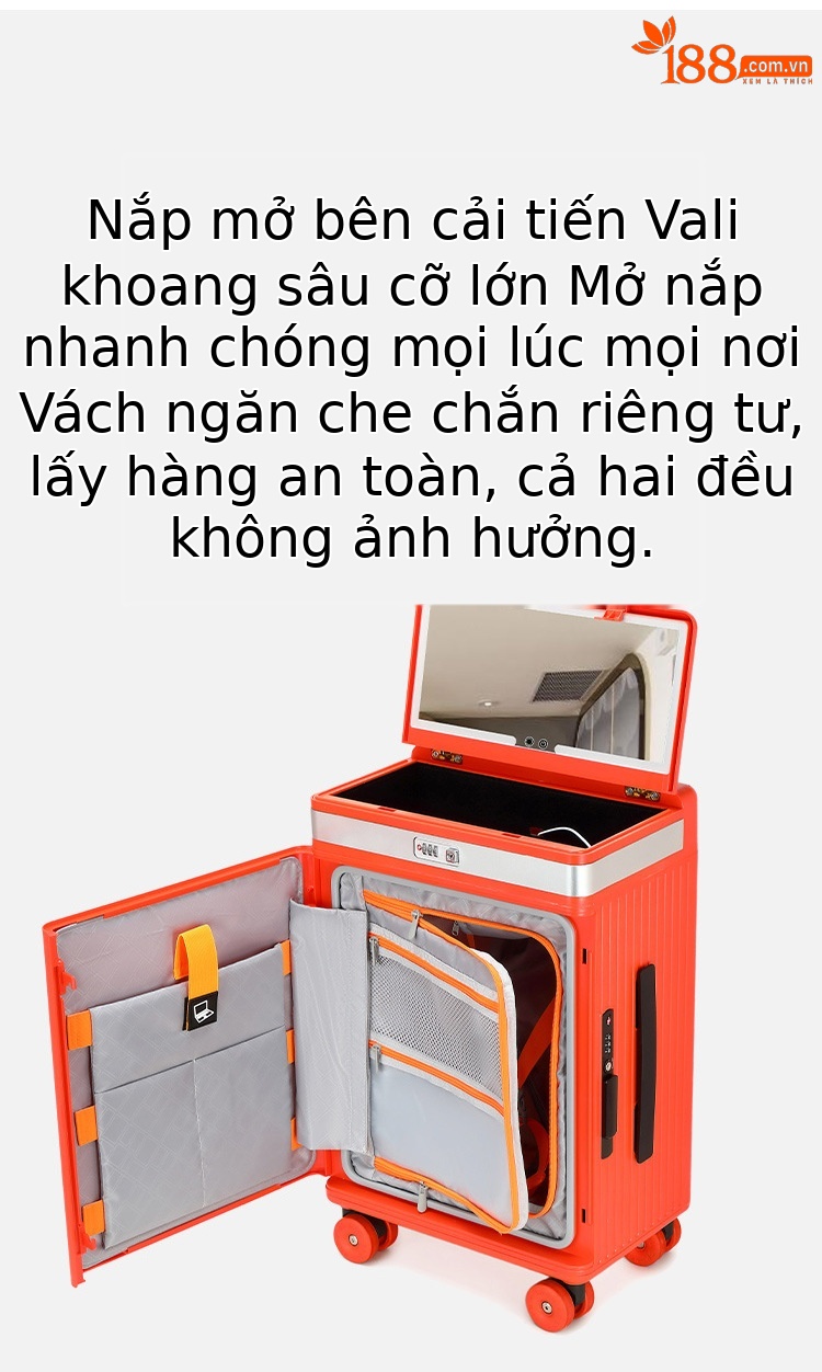 Vali kéo trang điểm đa năng sang trọng có gương mỹ phẩm điều chỉnh độ sáng, ngăn sâu lớn, cổng sạc USB — Đêm cực đen + tay cầm đen + bánh xe đen chi tiết 10