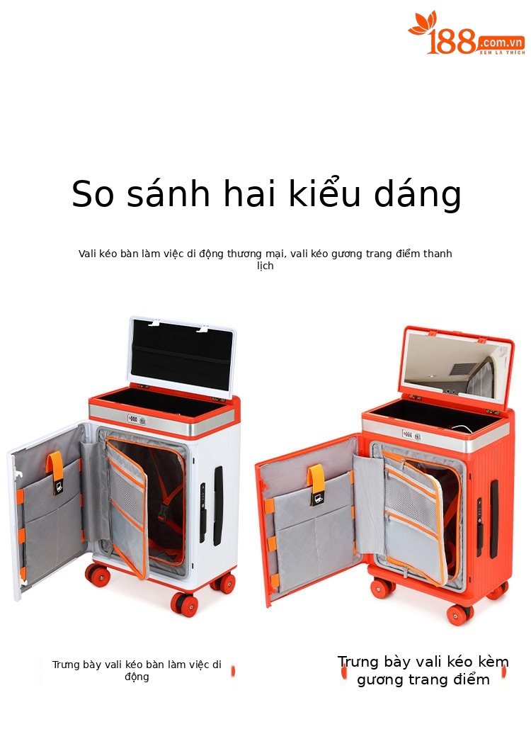 Vali kéo trang điểm đa năng sang trọng có gương mỹ phẩm điều chỉnh độ sáng, ngăn sâu lớn, cổng sạc USB — Đêm cực đen + tay cầm đen + bánh xe đen chi tiết 15