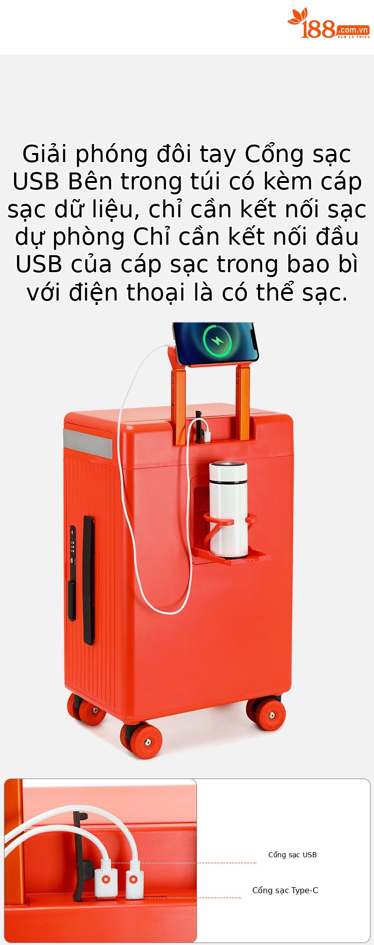 Vali kéo trang điểm đa năng sang trọng có gương mỹ phẩm điều chỉnh độ sáng, ngăn sâu lớn, cổng sạc USB — Đêm cực đen + tay cầm đen + bánh xe đen chi tiết 13