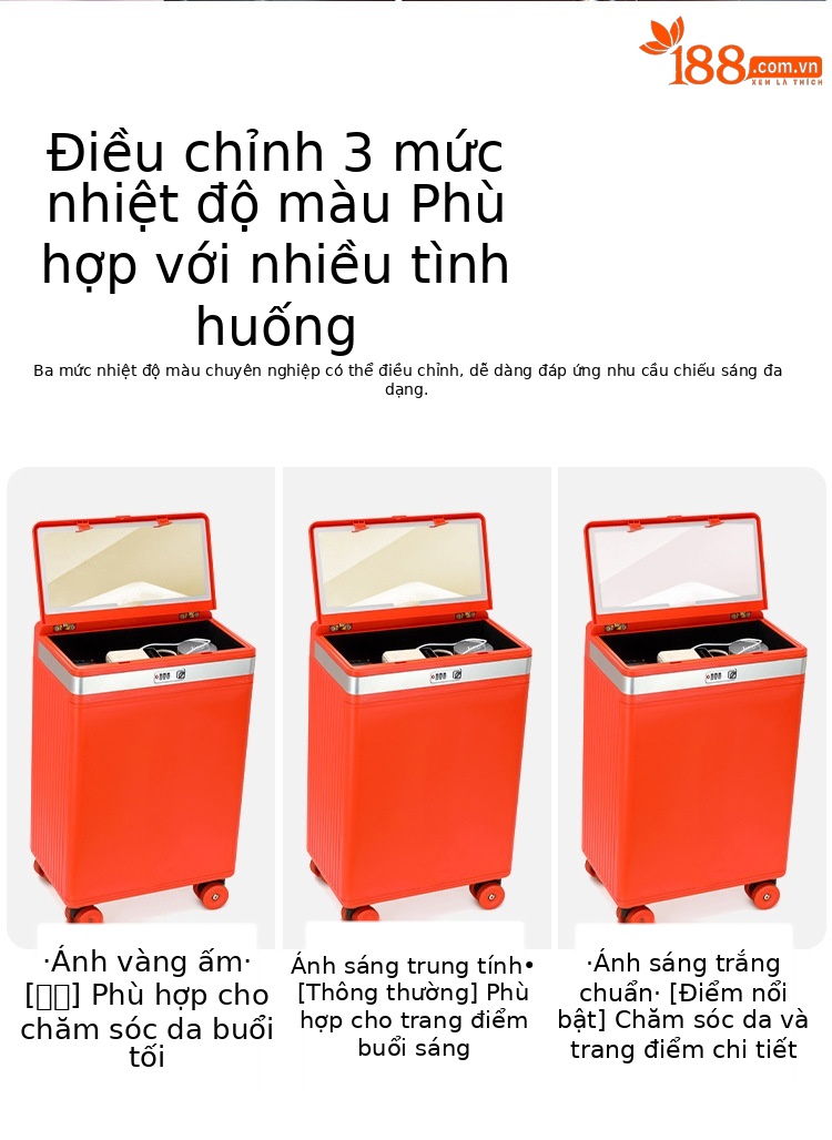 Vali trang điểm có gương, nắp mở bên hông, ngăn sâu lớn, sạc USB, giá đỡ cốc điều chỉnh độ sáng, giá đỡ điện thoại — Đêm cực đen + tay cầm đen + bánh xe đen chi tiết 9