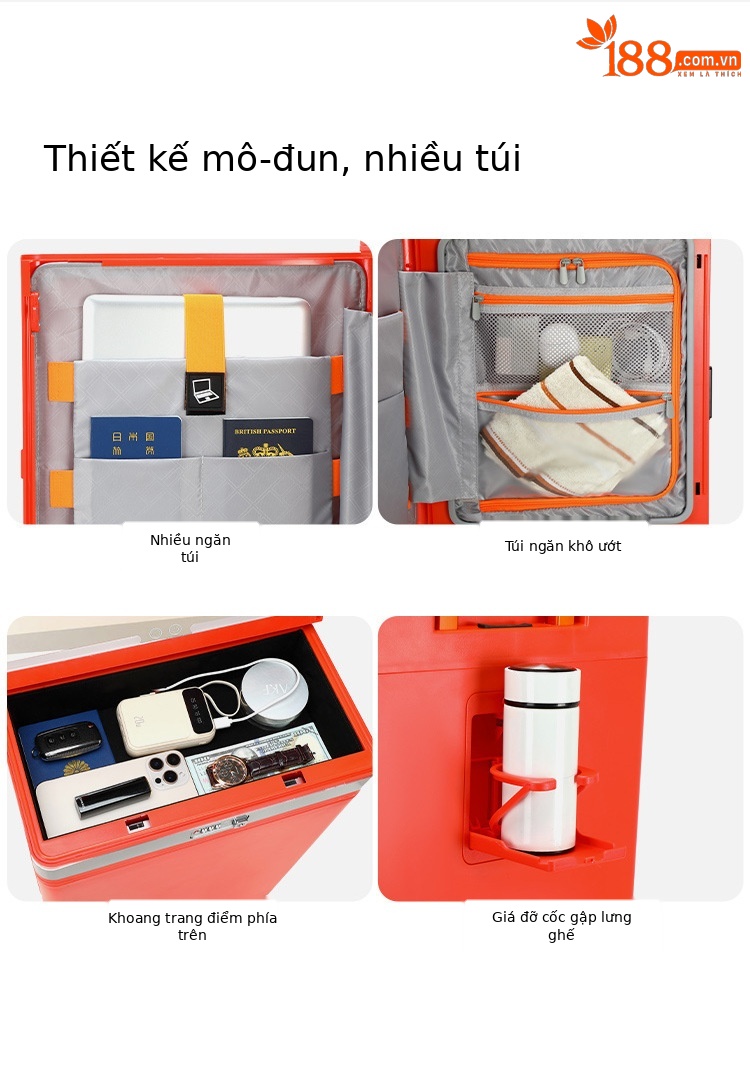 Vali trang điểm có gương, nắp mở bên hông, ngăn sâu lớn, sạc USB, giá đỡ cốc điều chỉnh độ sáng, giá đỡ điện thoại — Đêm cực đen + tay cầm đen + bánh xe đen chi tiết 11