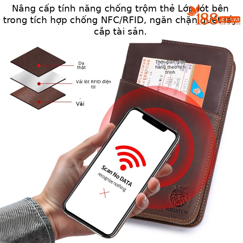 Ví da bò hộ chiếu nam phong cách cổ điển nhiều ngăn thẻ — Nâu cà phê