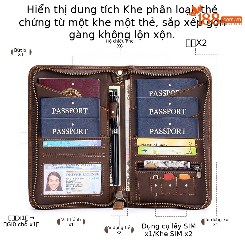 Ví da bò hộ chiếu nam phong cách cổ điển nhiều ngăn thẻ — Nâu cà phê