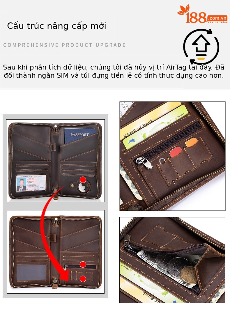 Ví da bò hộ chiếu nam phong cách cổ điển nhiều ngăn thẻ — Nâu cà phê chi tiết 4
