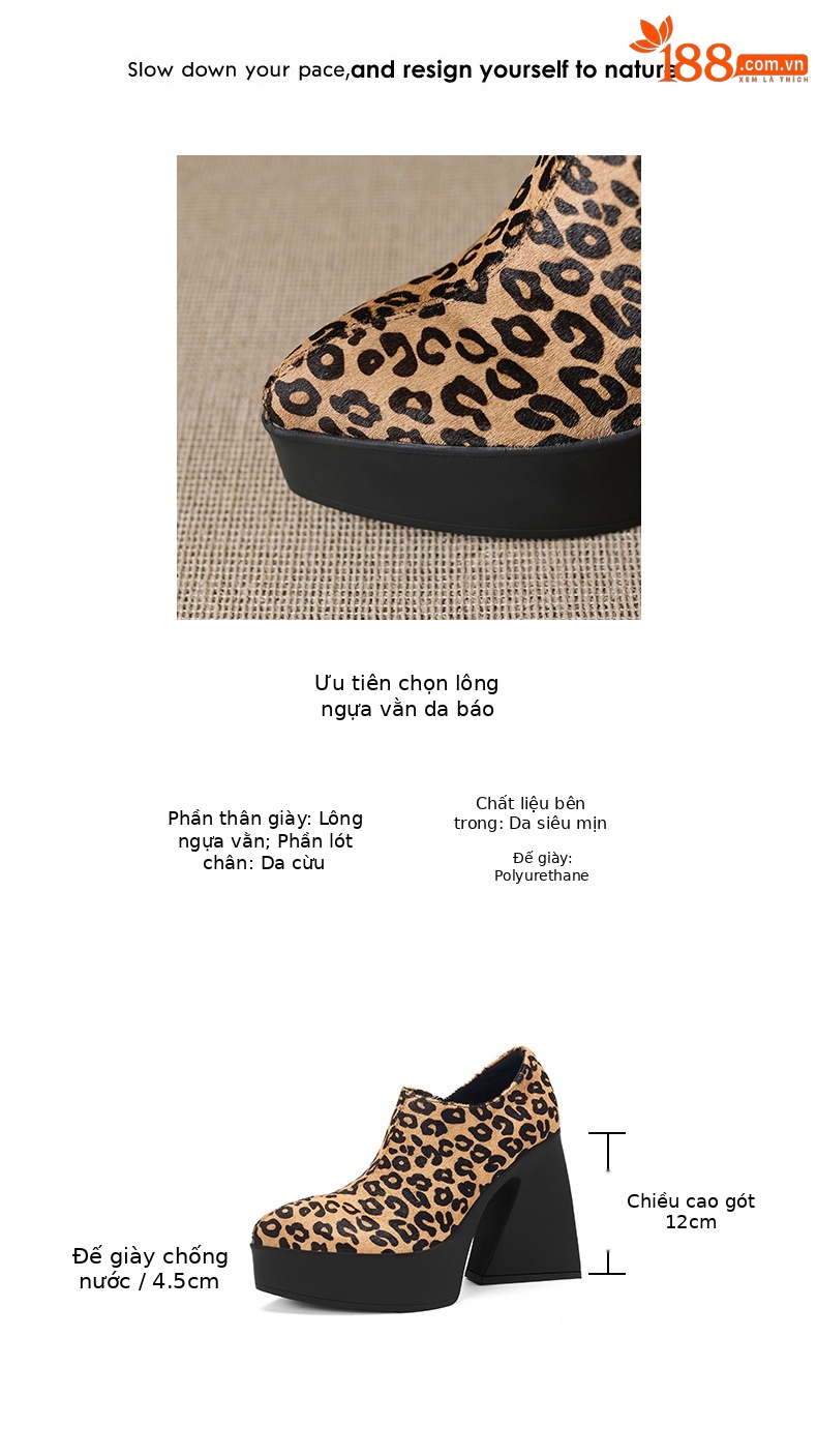 Giày cao gót nữ đế xuồng platform mũi nhọn gót to bản họa tiết da báo, gót 12 cm — Trang chủ chi tiết 2