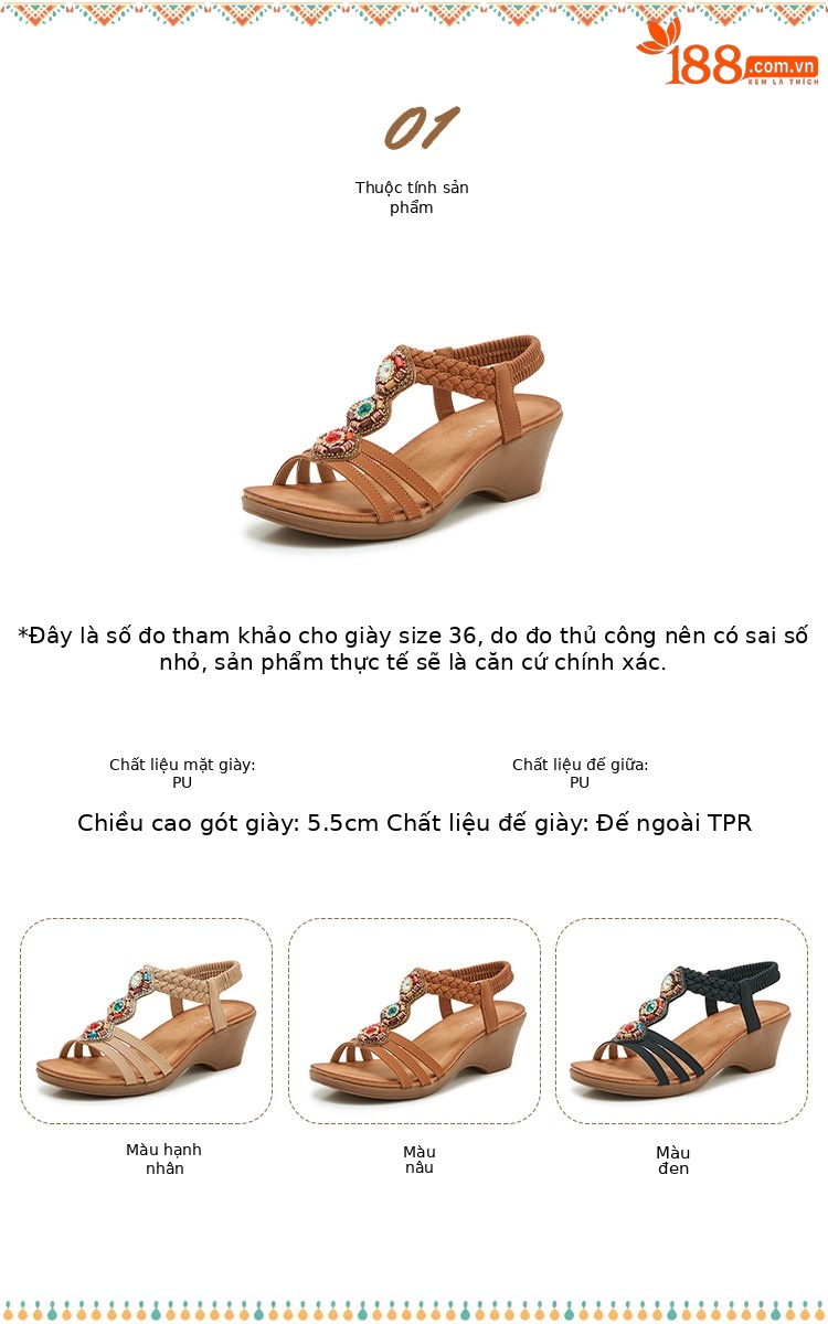 Sandal cao gót nữ đế xuồng đính đá pha lê hạt gỗ mùa hè 2025 — màu nâu, màu đen, mơ chi tiết 2