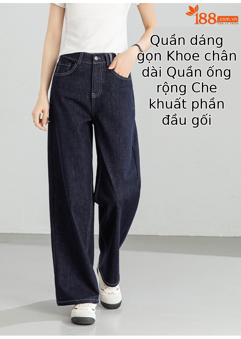 Quần jean nữ ống rộng dáng suông, cạp cao, chất denim chống phai màu, mỏng nhẹ mùa xuân — Xanh da trờicolor chi tiết 6