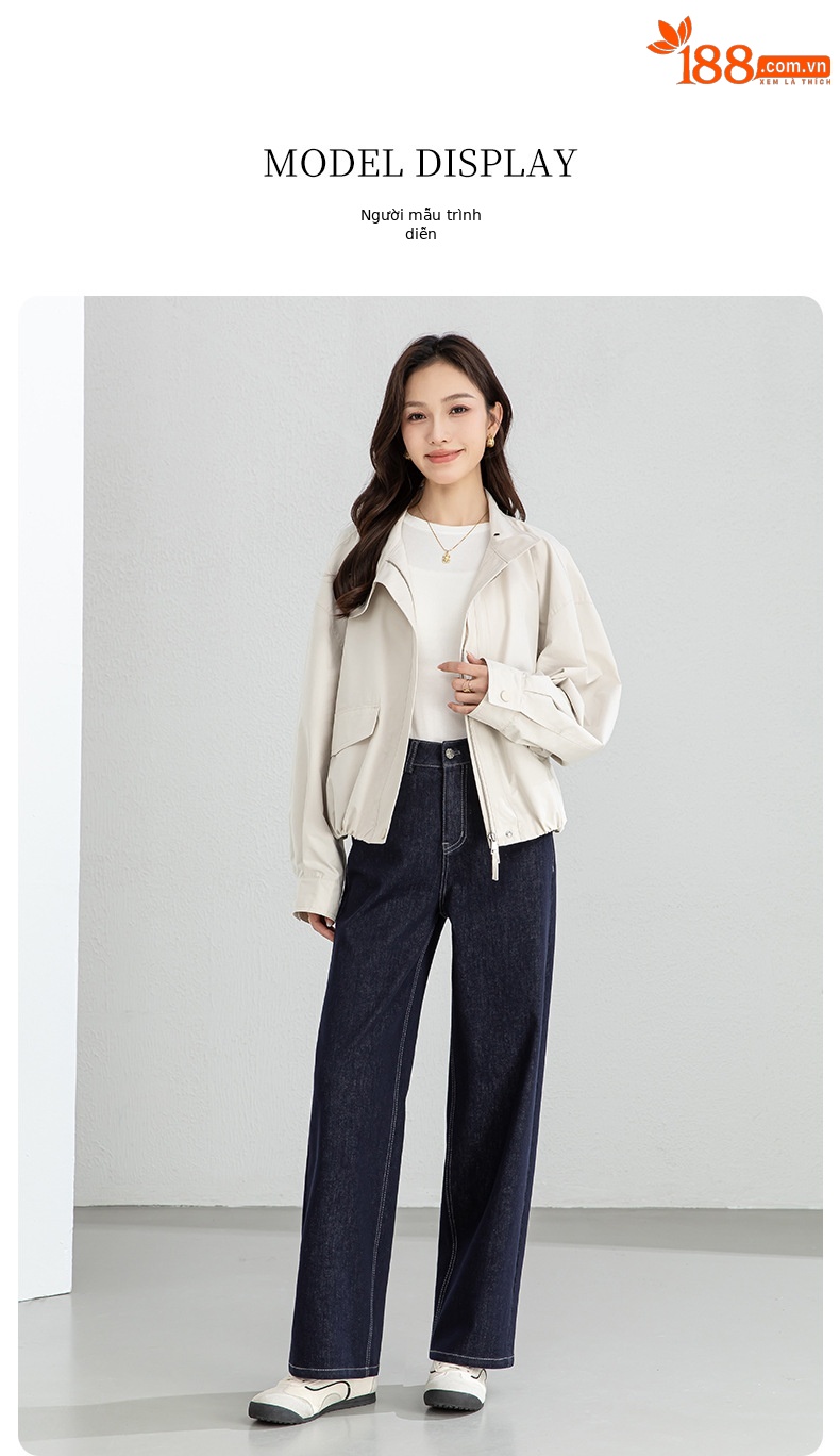 Quần jean nữ ống rộng dáng suông, cạp cao, chất denim chống phai màu, mỏng nhẹ mùa xuân — Xanh da trờicolor chi tiết 15
