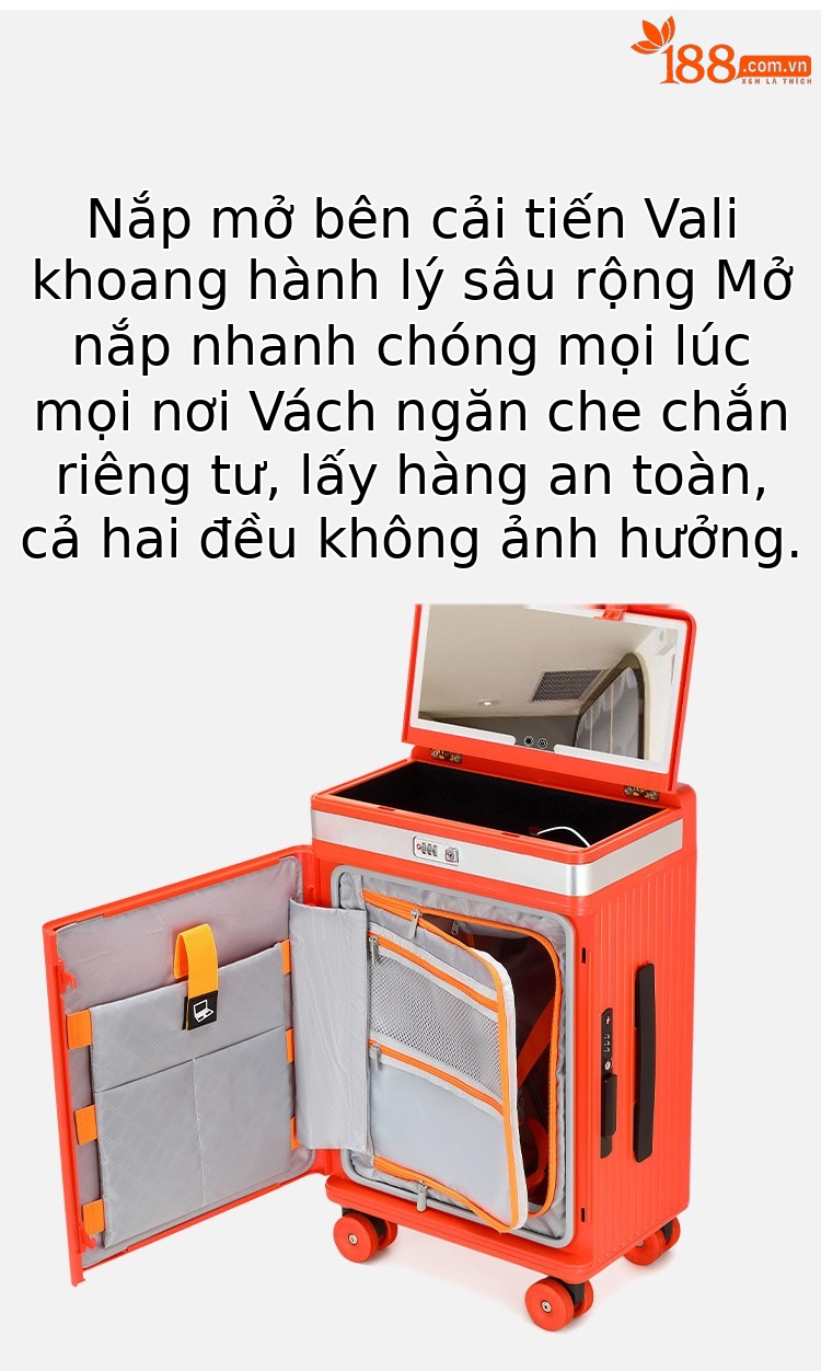 Vali đựng đồ trang điểm chuyên nghiệp có gương điều chỉnh độ sáng, nắp mở bên hông, ngăn sâu lớn, tích hợp USB và giá đỡ cốc — Đêm cực đen + tay cầm đen + bánh xe đen chi tiết 10