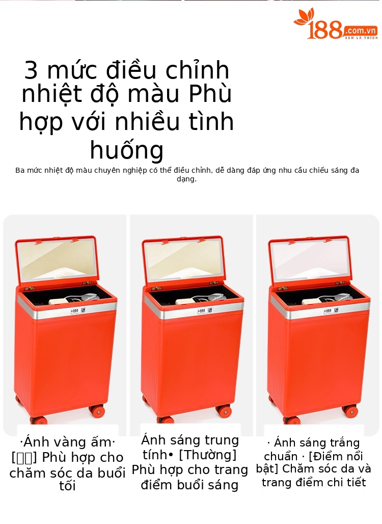 Vali kéo trang điểm có gương, nắp mở bên hông, ngăn sâu lớn, sạc USB, đèn led điều chỉnh độ sáng, kèm giá đỡ cốc và điện thoại — Đêm cực đen + tay cầm đen + bánh xe đen chi tiết 9