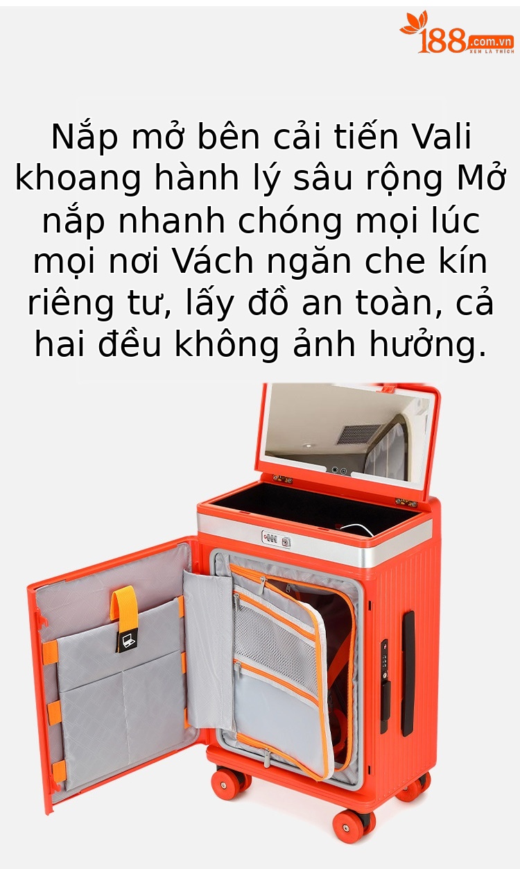 Vali kéo mở nắp hông ngăn sâu có gương trang điểm, giá đỡ cốc sạc điện thoại đa năng — Đêm cực đen + tay cầm đen + bánh xe đen chi tiết 10