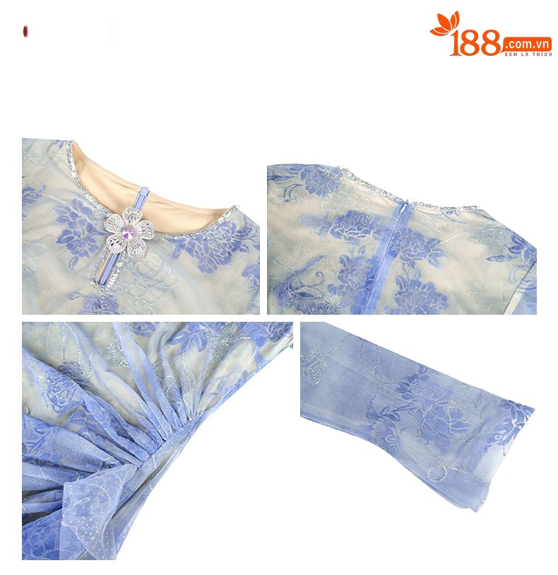 Đầm ôm body nữ cổ tròn họa tiết nhung, tay bèo viền lưới — Màu xanh da trời chi tiết 3