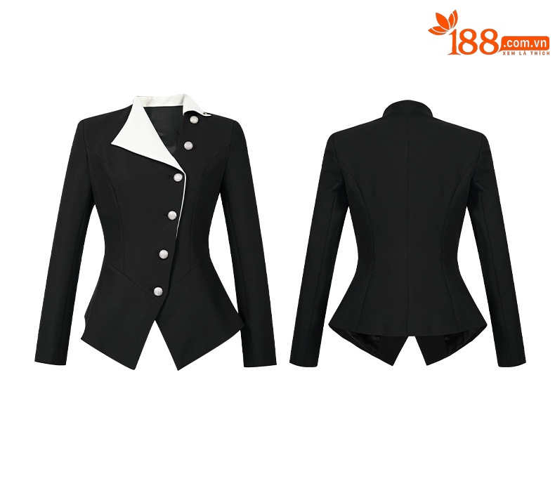 Áo blazer nữ đen trắng phối màu thắt lưng, kiểu dáng công sở hiện đại — đen chi tiết 3