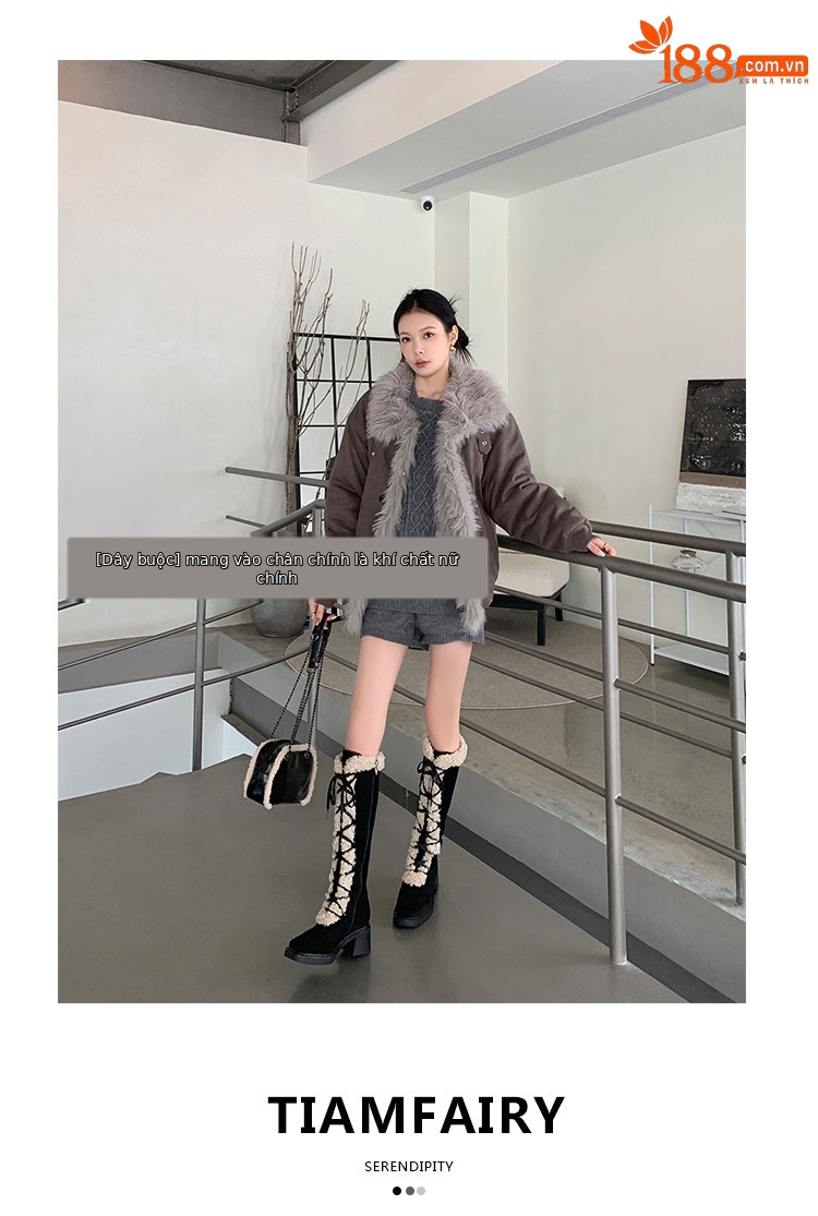 Boot nữ cổ cao ôm bắp chân lông cừu nhân tạo, mũi vuông, gót thô, khóa kéo bên, phong cách cổ điển — màu nâu chi tiết 2