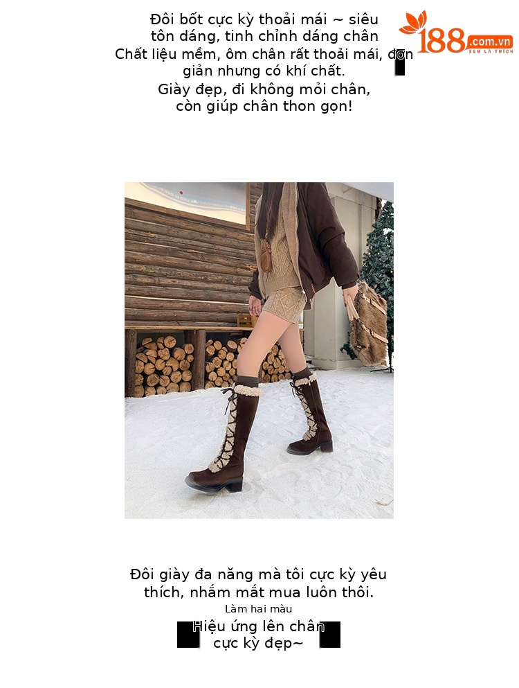 Boot nữ cổ cao ôm bắp chân lông cừu nhân tạo, mũi vuông, gót thô, khóa kéo bên, phong cách cổ điển — màu nâu chi tiết 3