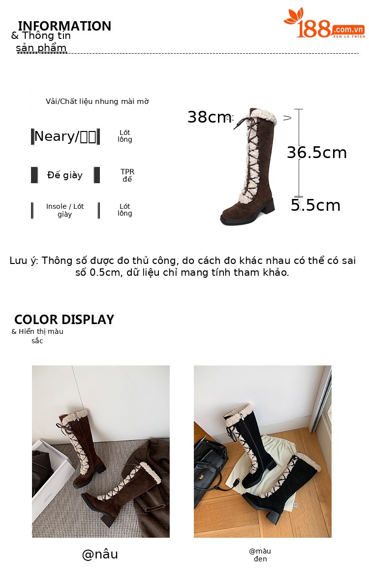 Boot nữ cổ cao ôm bắp chân lông cừu nhân tạo, mũi vuông, gót thô, khóa kéo bên, phong cách cổ điển — màu nâu chi tiết 4