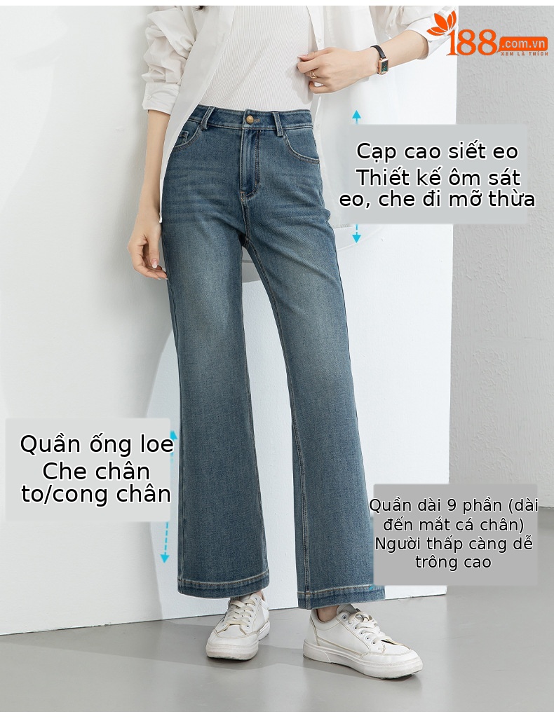 Quần jean nữ ống loe nhẹ cạp cao dáng 9 phân chất liệu Tencel — Cao bồi xanh chi tiết 4