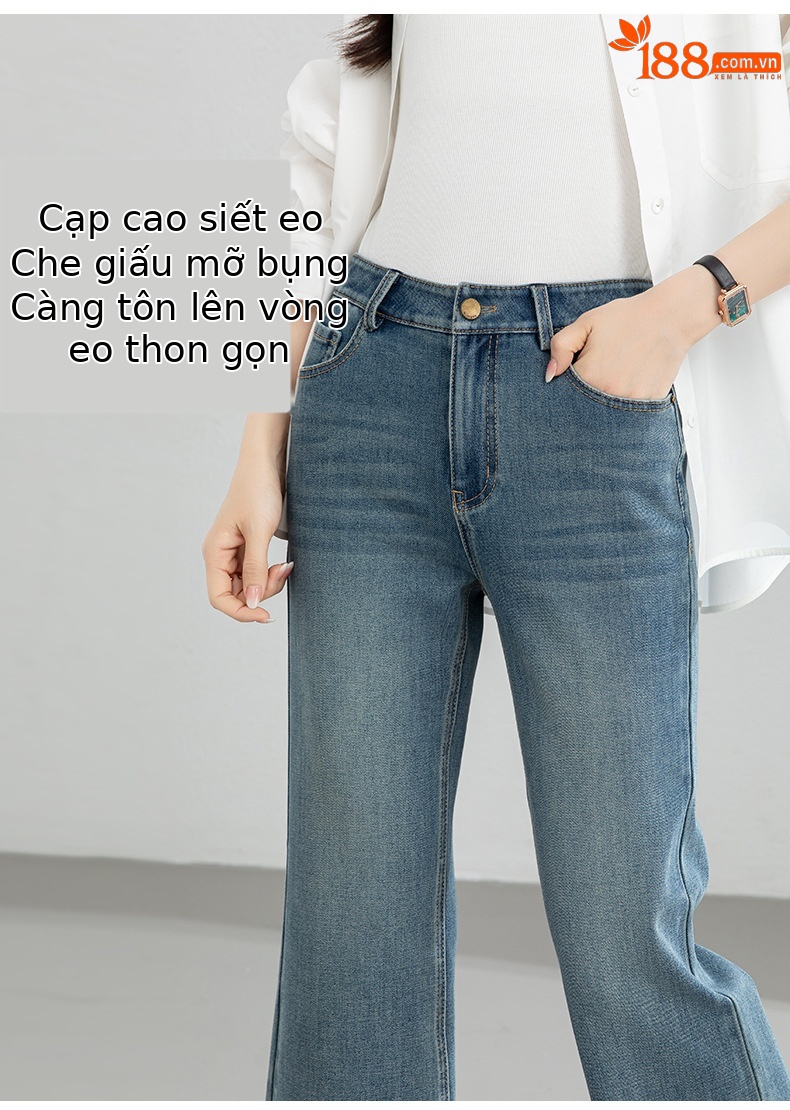 Quần jean nữ ống loe nhẹ cạp cao dáng 9 phân chất liệu Tencel — Cao bồi xanh chi tiết 7