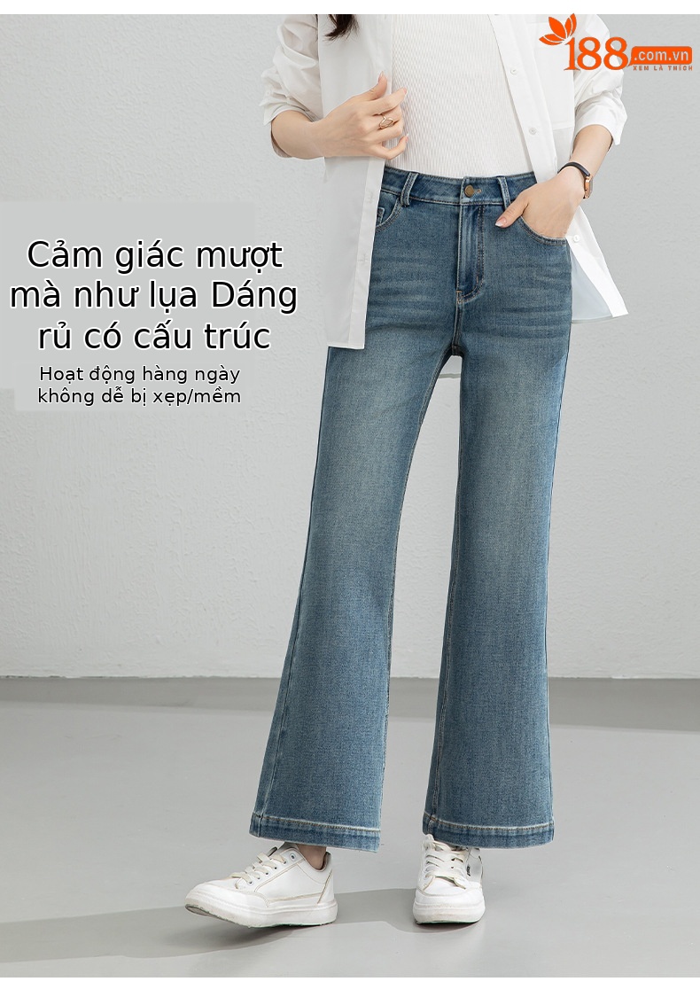 Quần jean nữ ống loe nhẹ cạp cao dáng 9 phân chất liệu Tencel — Cao bồi xanh chi tiết 9