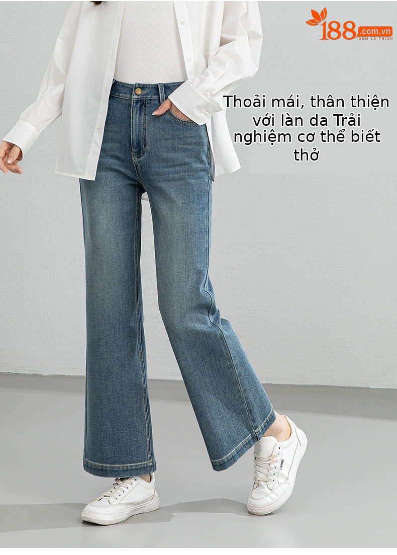 Quần jean nữ ống loe nhẹ cạp cao dáng 9 phân chất liệu Tencel — Cao bồi xanh chi tiết 10