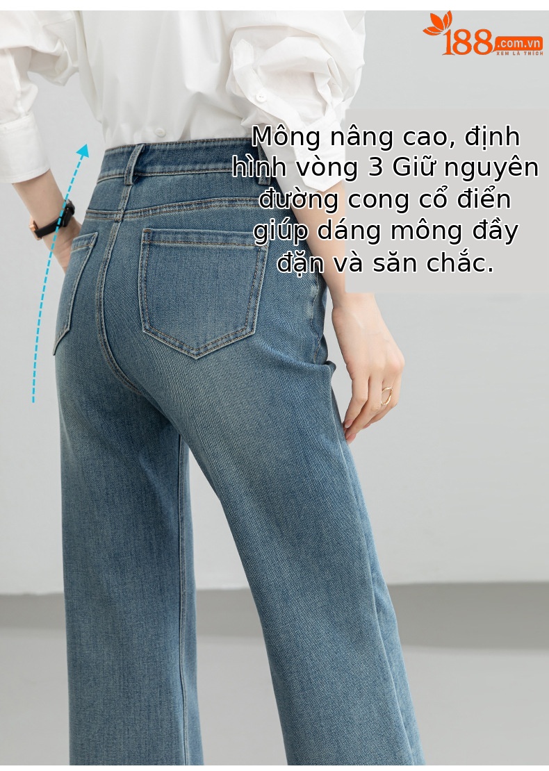 Quần jean nữ ống loe nhẹ cạp cao dáng 9 phân chất liệu Tencel — Cao bồi xanh chi tiết 11