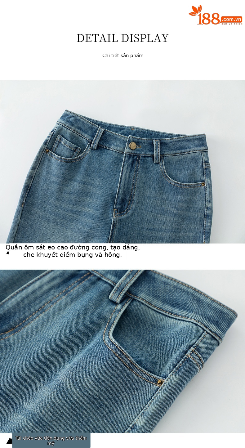 Quần jean nữ ống loe nhẹ cạp cao dáng 9 phân chất liệu Tencel — Cao bồi xanh chi tiết 12