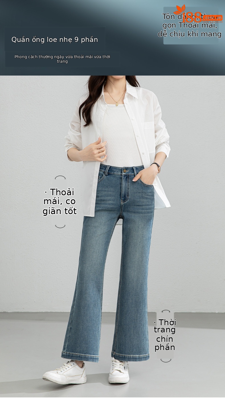 Quần jean nữ ống loe nhẹ cạp cao dáng 9 phân chất liệu Tencel — Cao bồi xanh chi tiết 1