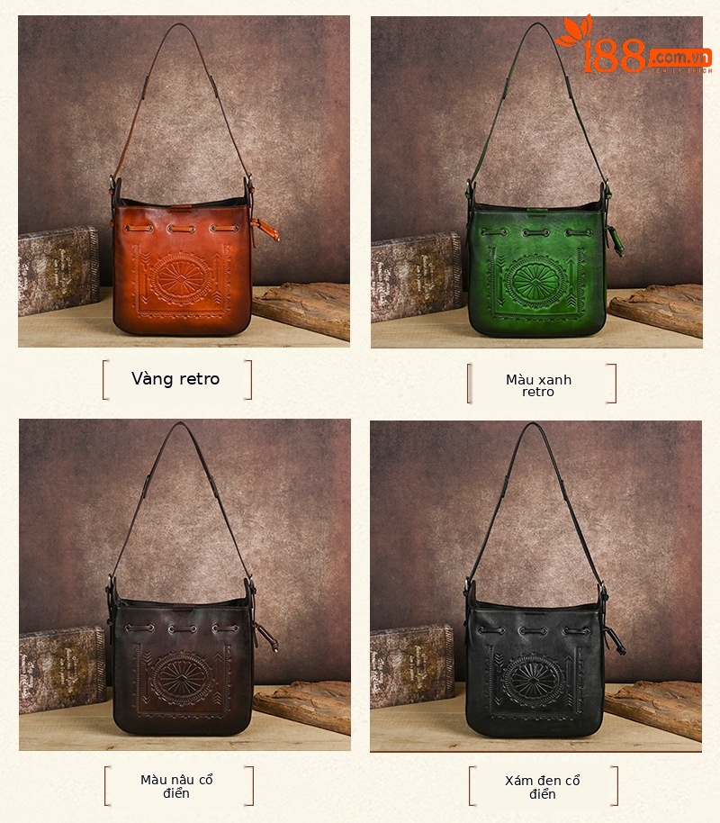 Túi tote da bò cổ điển phong cách vintage, đáy rộng, dung tích lớn, quai đeo vai — Màu xanh lá cây chi tiết 4