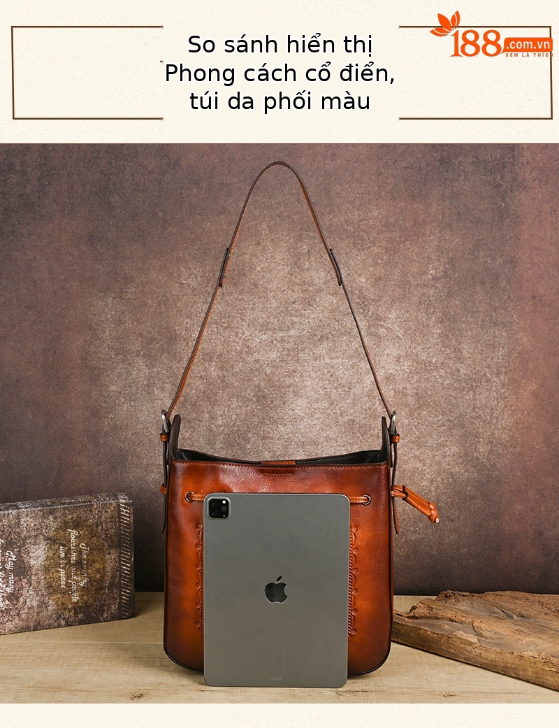 Túi tote da bò cổ điển phong cách vintage, đáy rộng, dung tích lớn, quai đeo vai — Màu xanh lá cây chi tiết 9