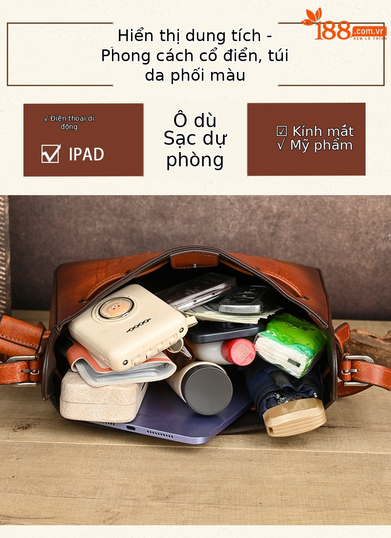 Túi tote da bò cổ điển phong cách vintage, đáy rộng, dung tích lớn, quai đeo vai — Màu xanh lá cây chi tiết 11