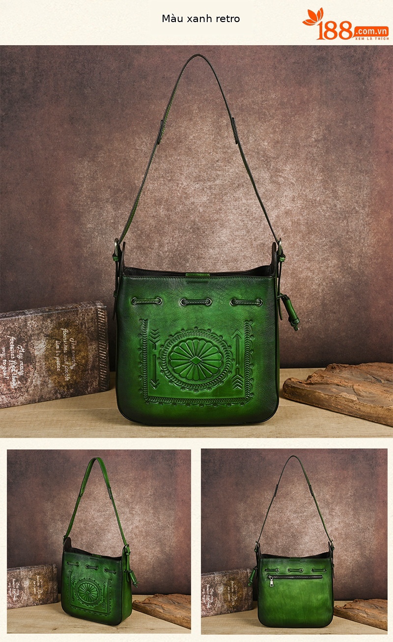 Túi tote da bò cổ điển phong cách vintage, đáy rộng, dung tích lớn, quai đeo vai — Màu xanh lá cây chi tiết 16