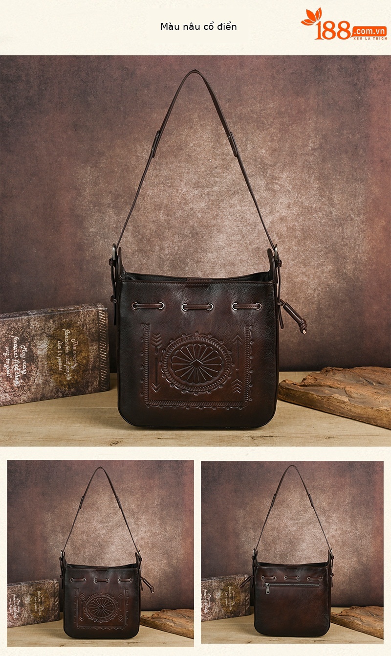 Túi tote da bò cổ điển phong cách vintage, đáy rộng, dung tích lớn, quai đeo vai — Màu xanh lá cây chi tiết 17