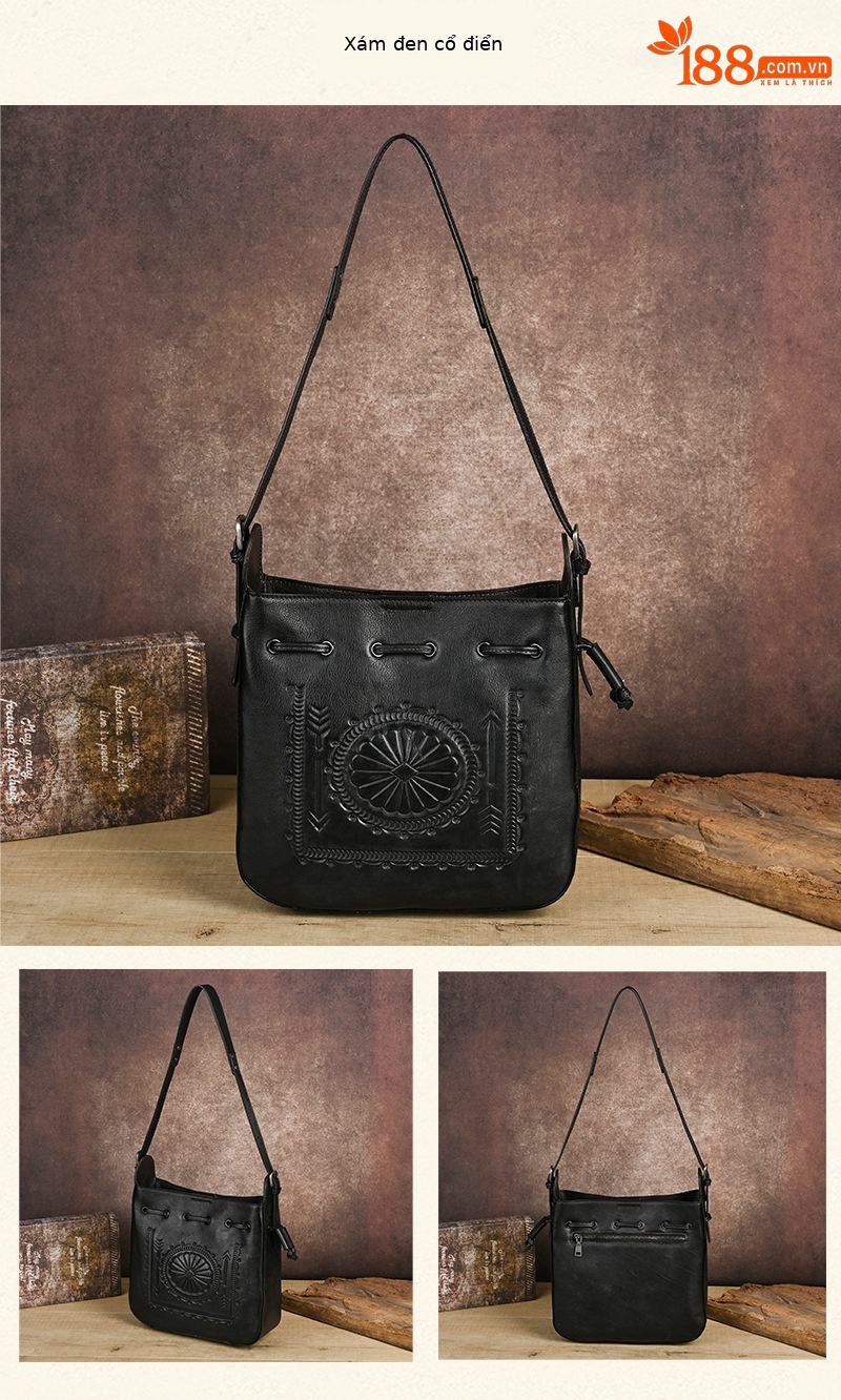 Túi tote da bò cổ điển phong cách vintage, đáy rộng, dung tích lớn, quai đeo vai — Màu xanh lá cây chi tiết 18
