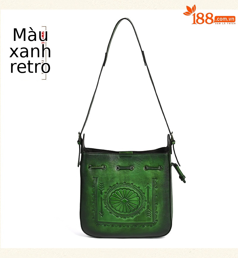 Túi tote da bò cổ điển phong cách vintage, đáy rộng, dung tích lớn, quai đeo vai — Màu xanh lá cây chi tiết 20