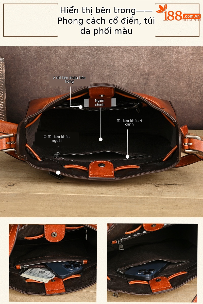 Túi tote da bò cổ điển phong cách vintage, đáy rộng, dung tích lớn, quai đeo vai — Màu xanh lá cây chi tiết 10