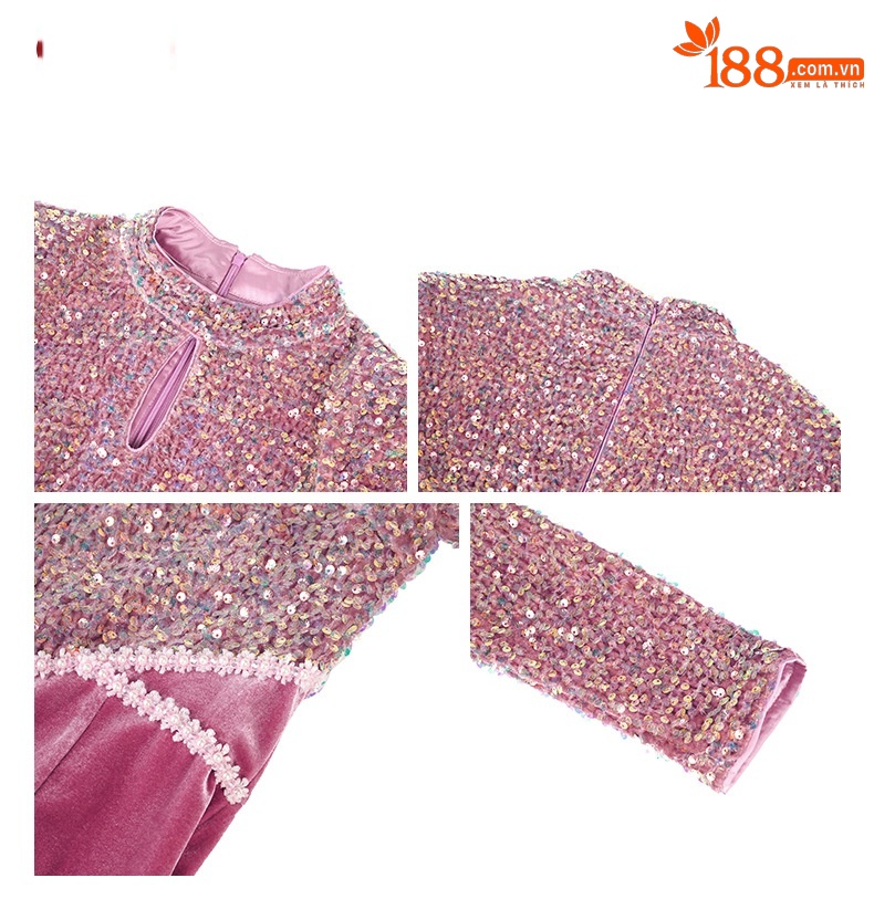 Đầm dài đuôi cá cổ tròn tay ngắn sequin nhung dự tiệc — màu hồng chi tiết 2