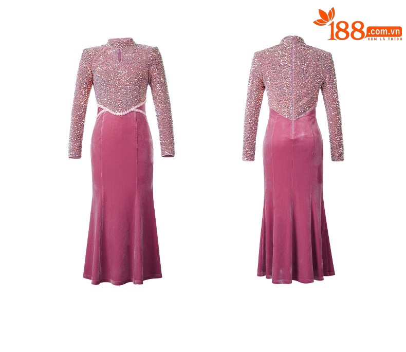 Đầm dài đuôi cá cổ tròn tay ngắn sequin nhung dự tiệc — màu hồng chi tiết 3