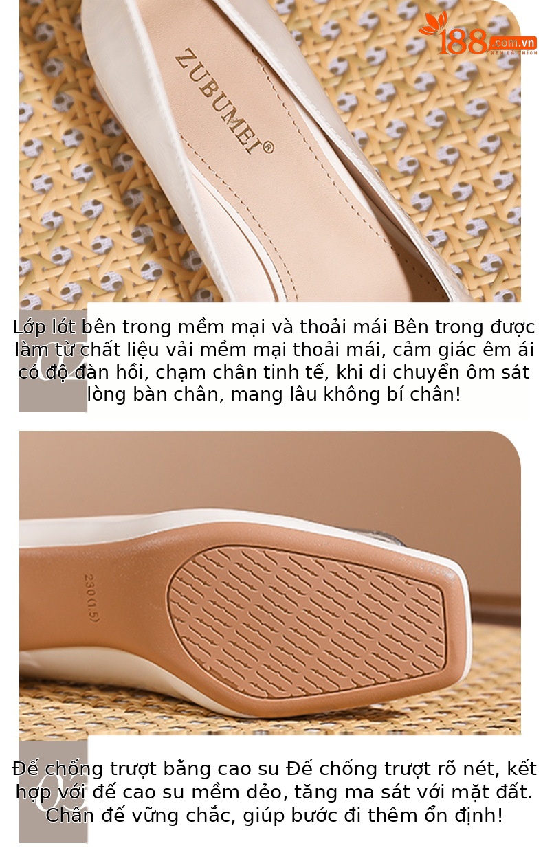 Giày cao gót nữ mũi vuông gót thô ổn định kiểu Pháp cổ V khóa — màu hồng nude chi tiết 5