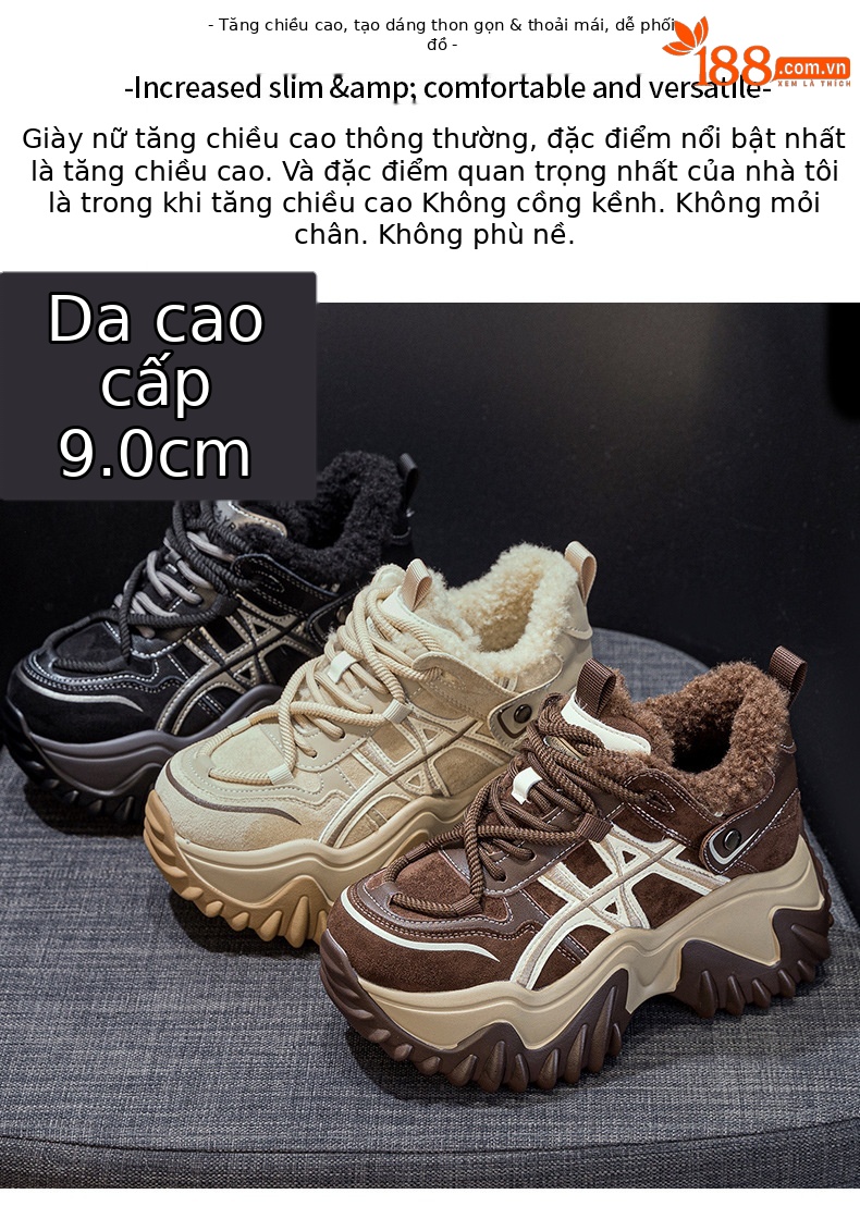 Giày sneaker nữ đế dày tăng chiều cao phong cách Hàn Quốc mùa thu đông 2026 — 5006-1 lót lông nâu, 5006-1 lót lông đen, 5006 một lớp màu kem, 5006 một lớp nâu chi tiết 2