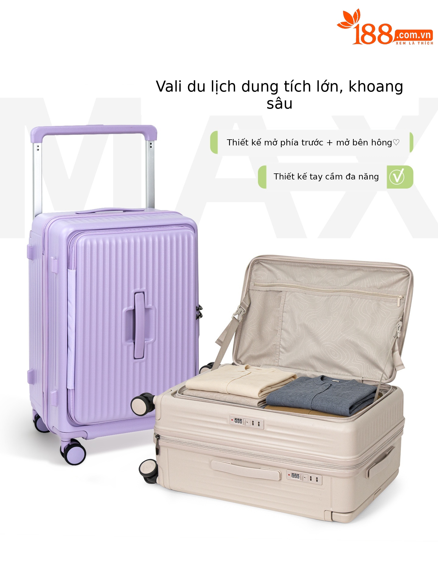 Vali kéo đa năng mở nắp trước và bên, thiết kế rộng, phù hợp mang lên máy bay, nhiều kích cỡ 20/24/28 inch — Hoa oải hương tím, Kem mơ, màu đen, màu ô liu xanh