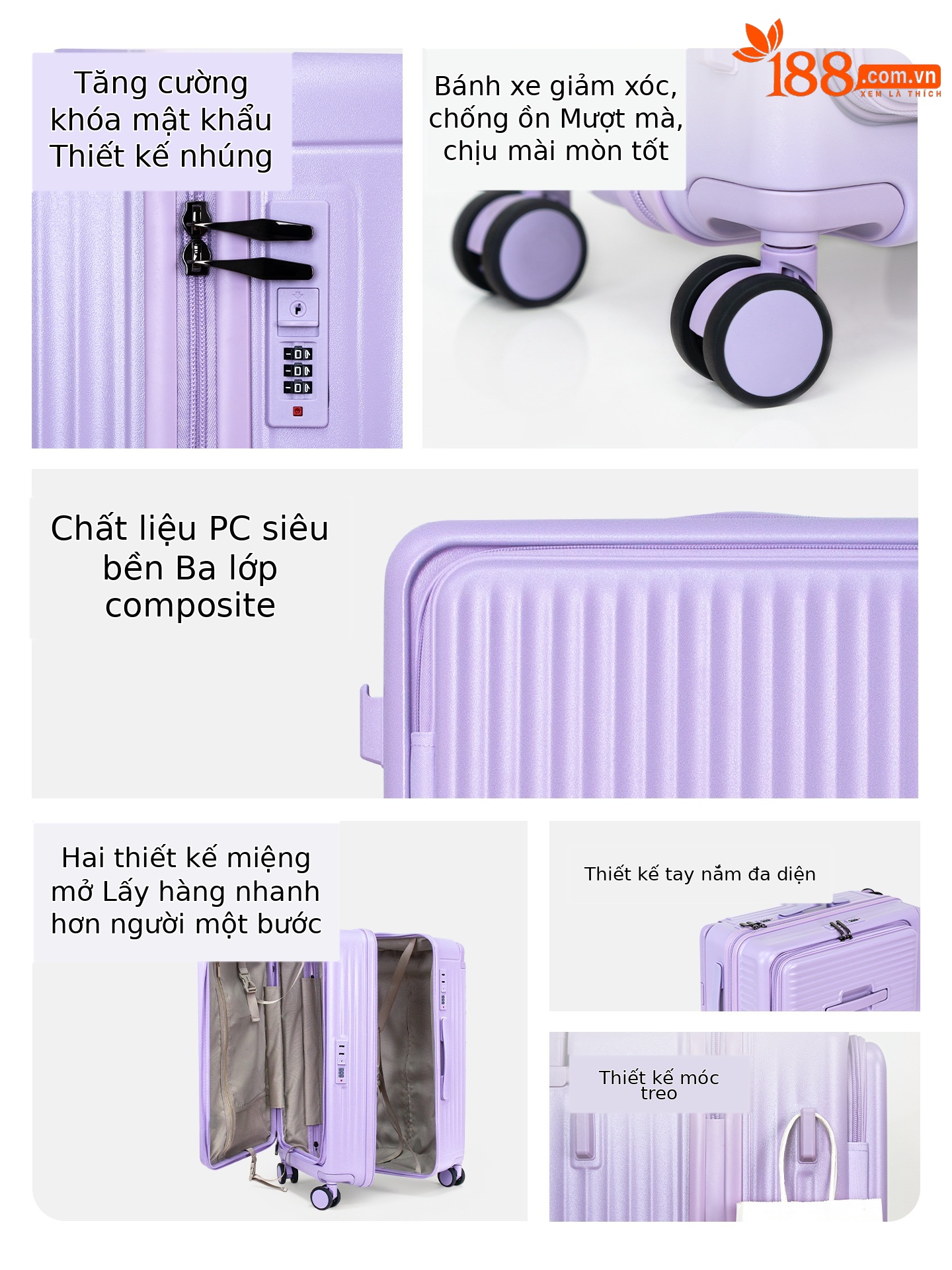 Vali kéo đa năng mở nắp trước và bên, thiết kế rộng, phù hợp mang lên máy bay, nhiều kích cỡ 20/24/28 inch — Hoa oải hương tím, Kem mơ, màu đen, màu ô liu xanh