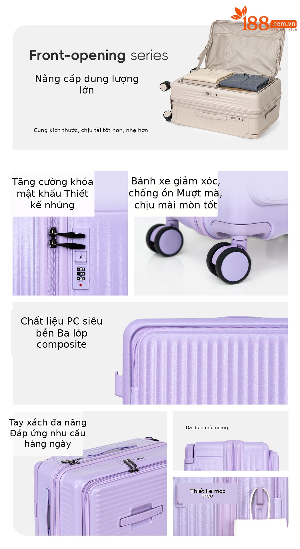 Vali kéo đa năng mở nắp trước và bên, thiết kế rộng, phù hợp mang lên máy bay, nhiều kích cỡ 20/24/28 inch — Hoa oải hương tím, Kem mơ, màu đen, màu ô liu xanh chi tiết 4