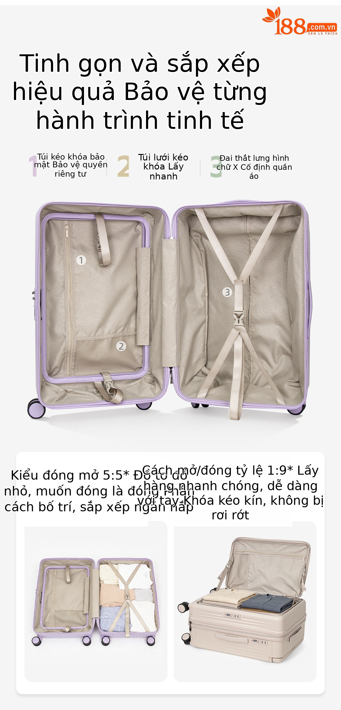 Vali kéo đa năng mở nắp trước và bên, thiết kế rộng, phù hợp mang lên máy bay, nhiều kích cỡ 20/24/28 inch — Hoa oải hương tím, Kem mơ, màu đen, màu ô liu xanh chi tiết 6