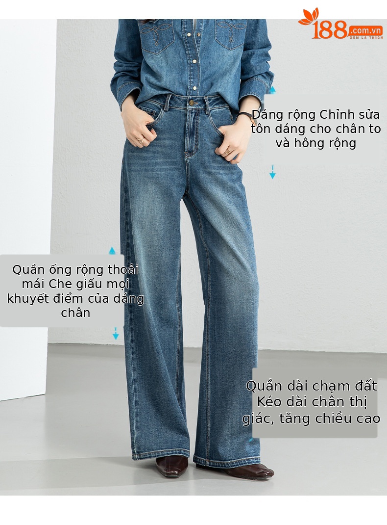 Quần jean ống rộng nữ eo cao dáng suông — Cao bồi xanh chi tiết 8