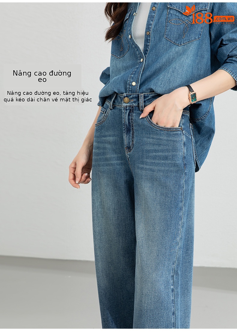 Quần jean ống rộng nữ eo cao dáng suông — Cao bồi xanh chi tiết 13
