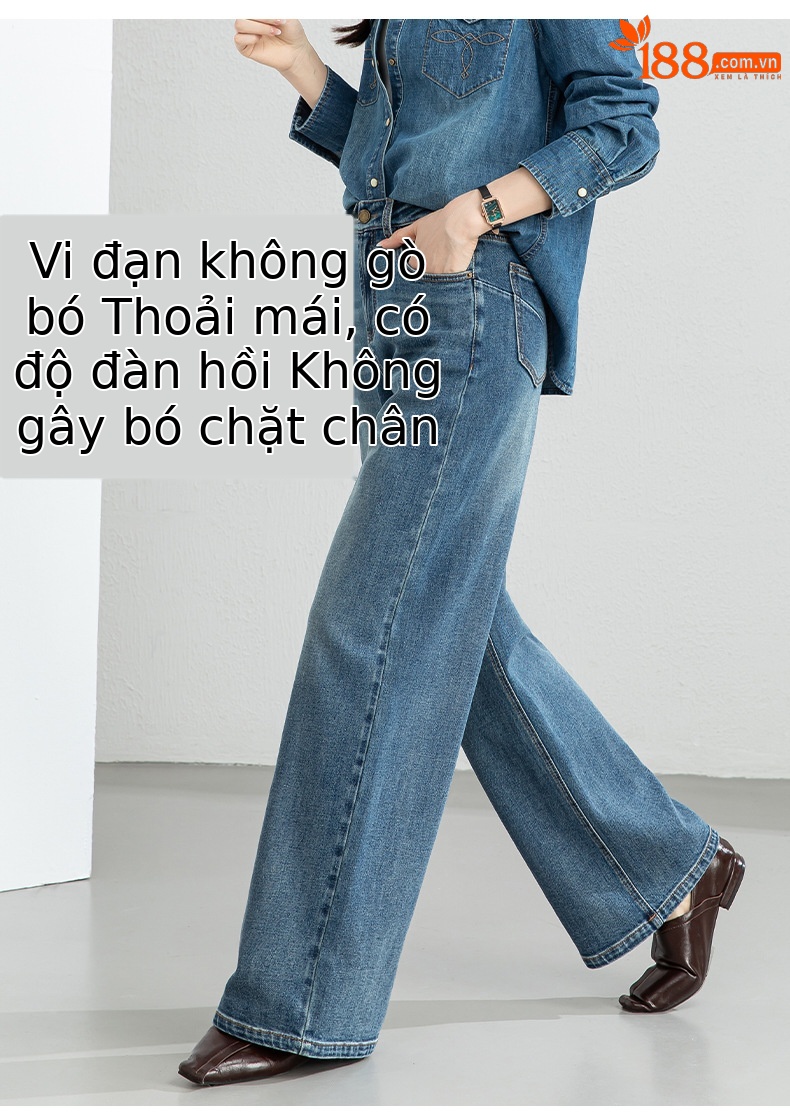 Quần jean ống rộng nữ eo cao dáng suông — Cao bồi xanh chi tiết 15