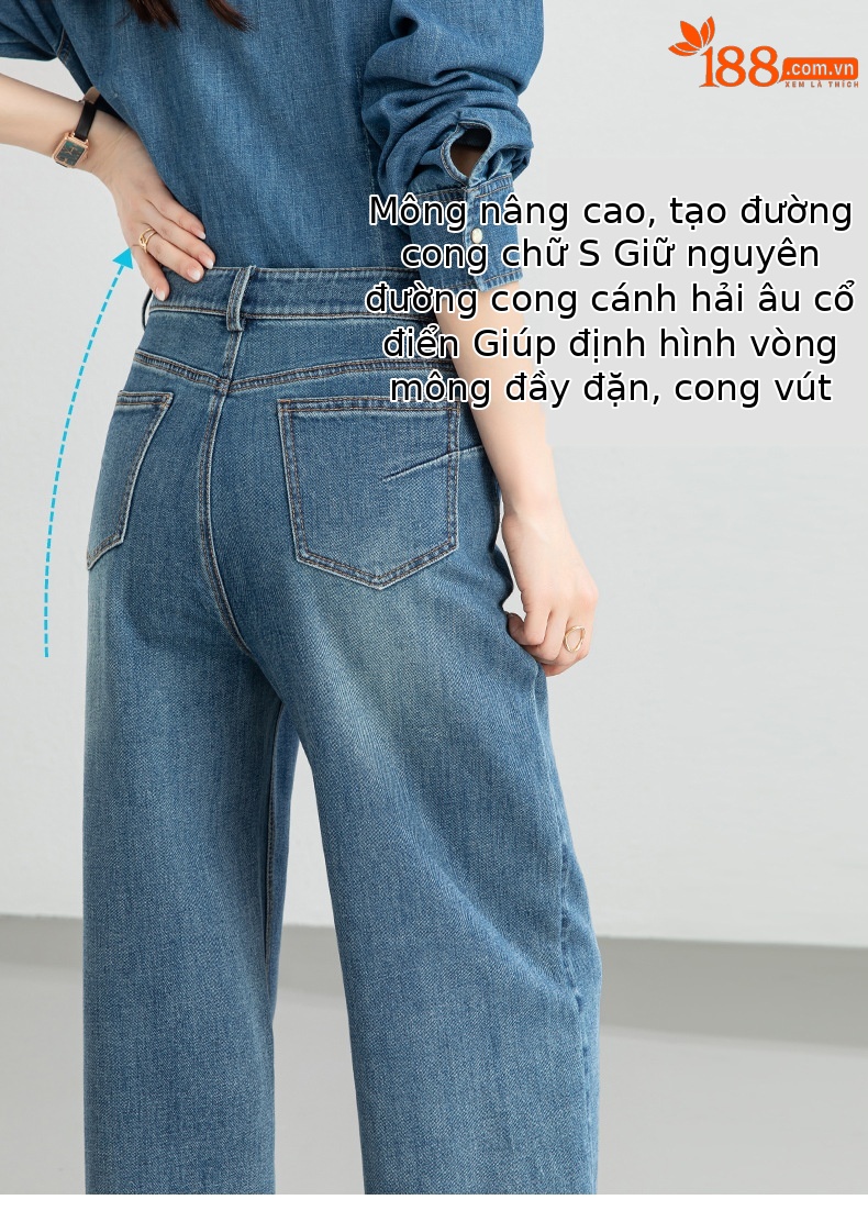 Quần jean ống rộng nữ eo cao dáng suông — Cao bồi xanh chi tiết 17